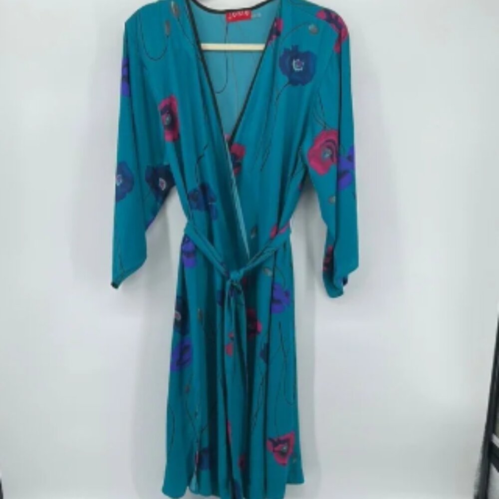 Josie Natori Teal with Pink and Blue Floral Kimono Robe Size XSmall